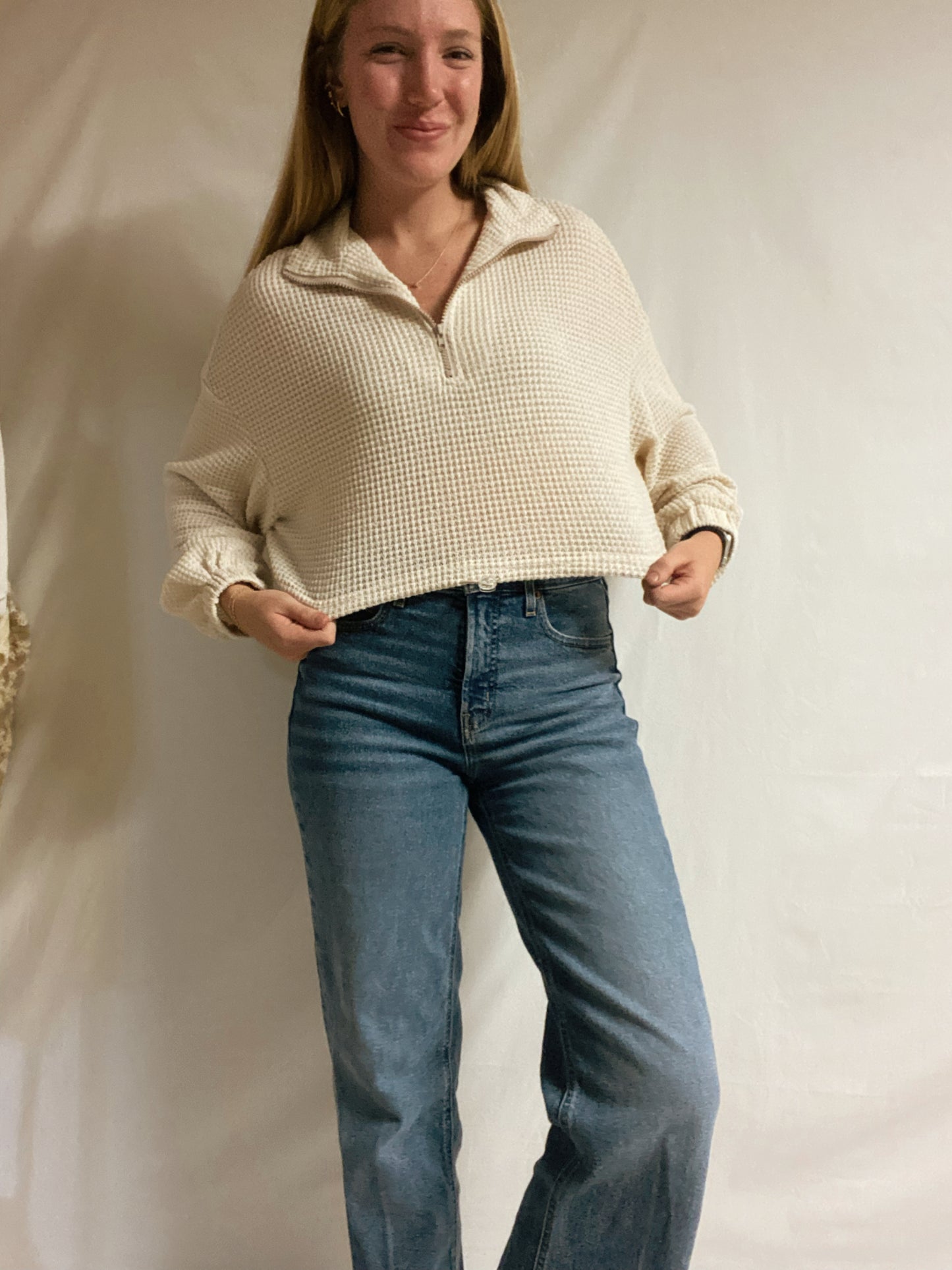 Waffle Knit Long Sleeve Front Zipper Crop Top - Large