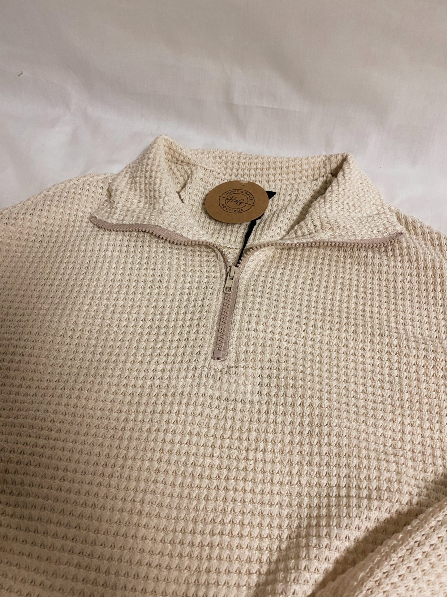 Waffle Knit Long Sleeve Front Zipper Crop Top - Large