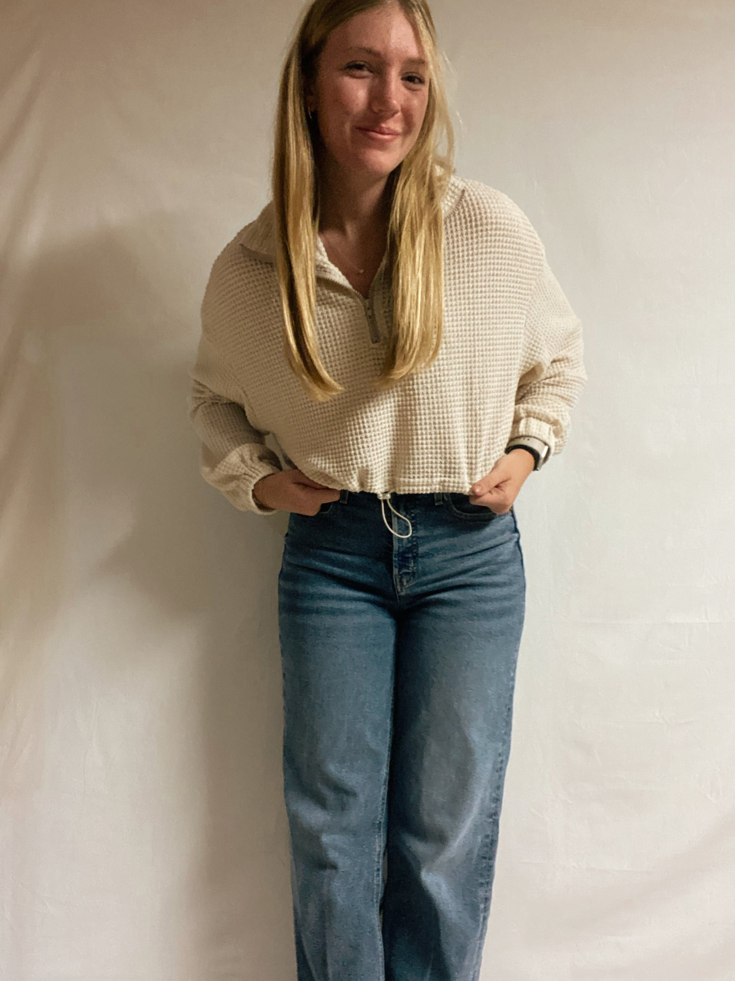 Waffle Knit Long Sleeve Front Zipper Crop Top - Large