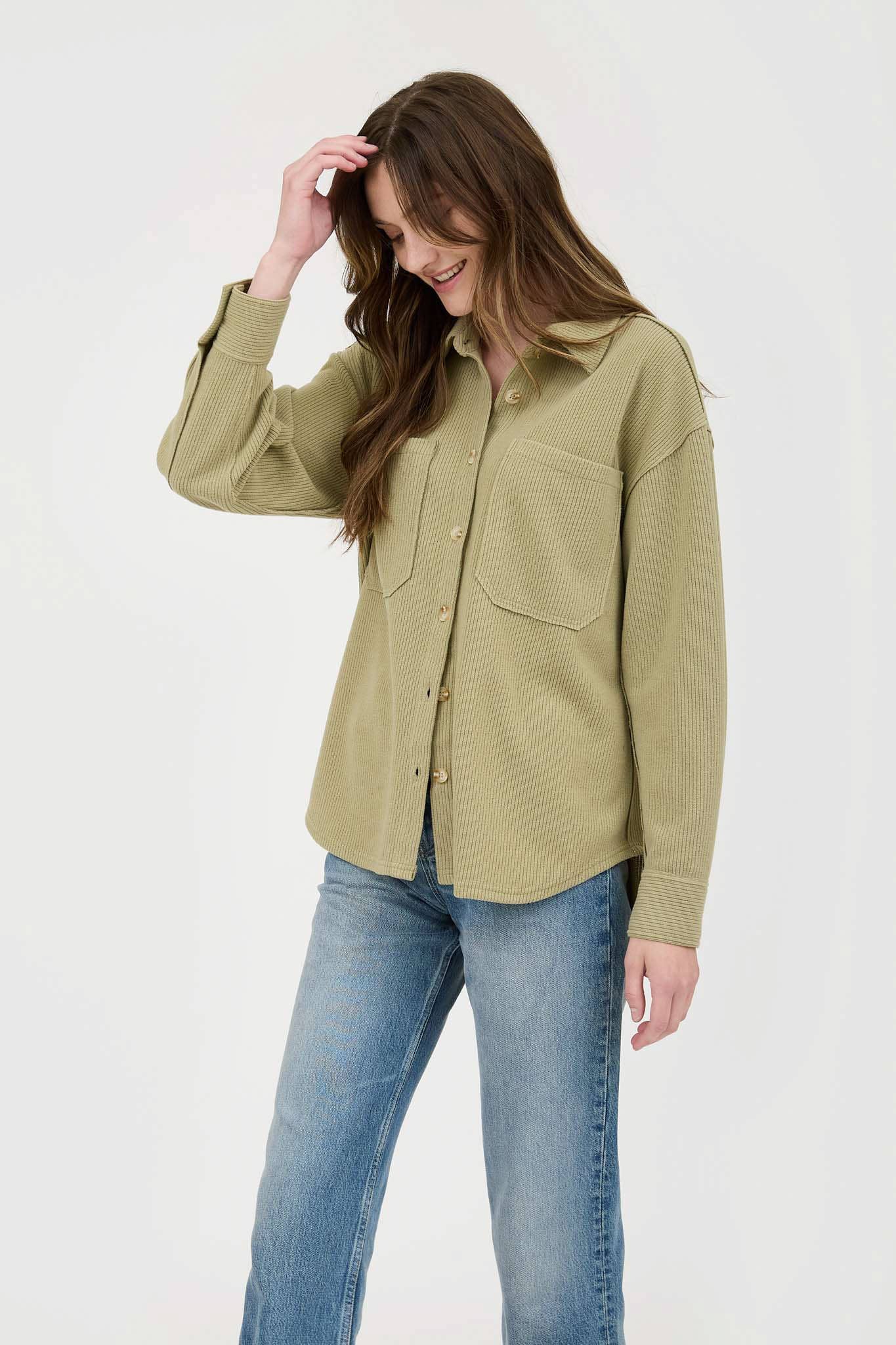 Rib Knit exposed Seam Button Up Top - Light Olive