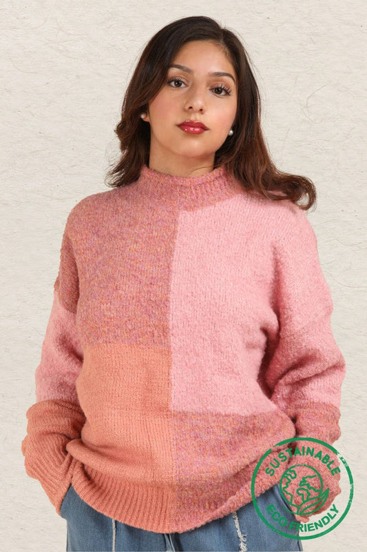 Oversized Color Block Cozy Knit Sweater - Pink