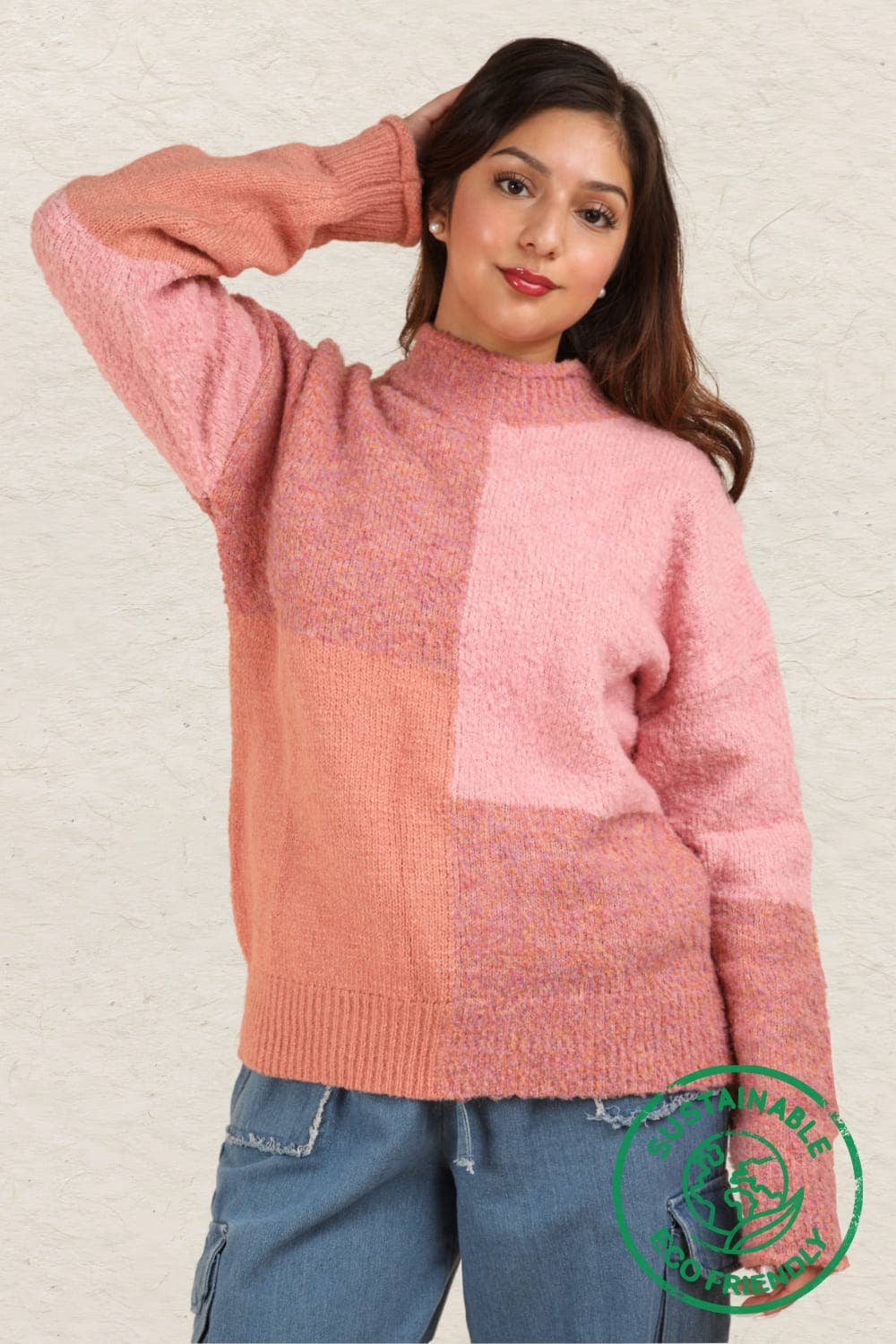 Oversized Color Block Cozy Knit Sweater - Pink