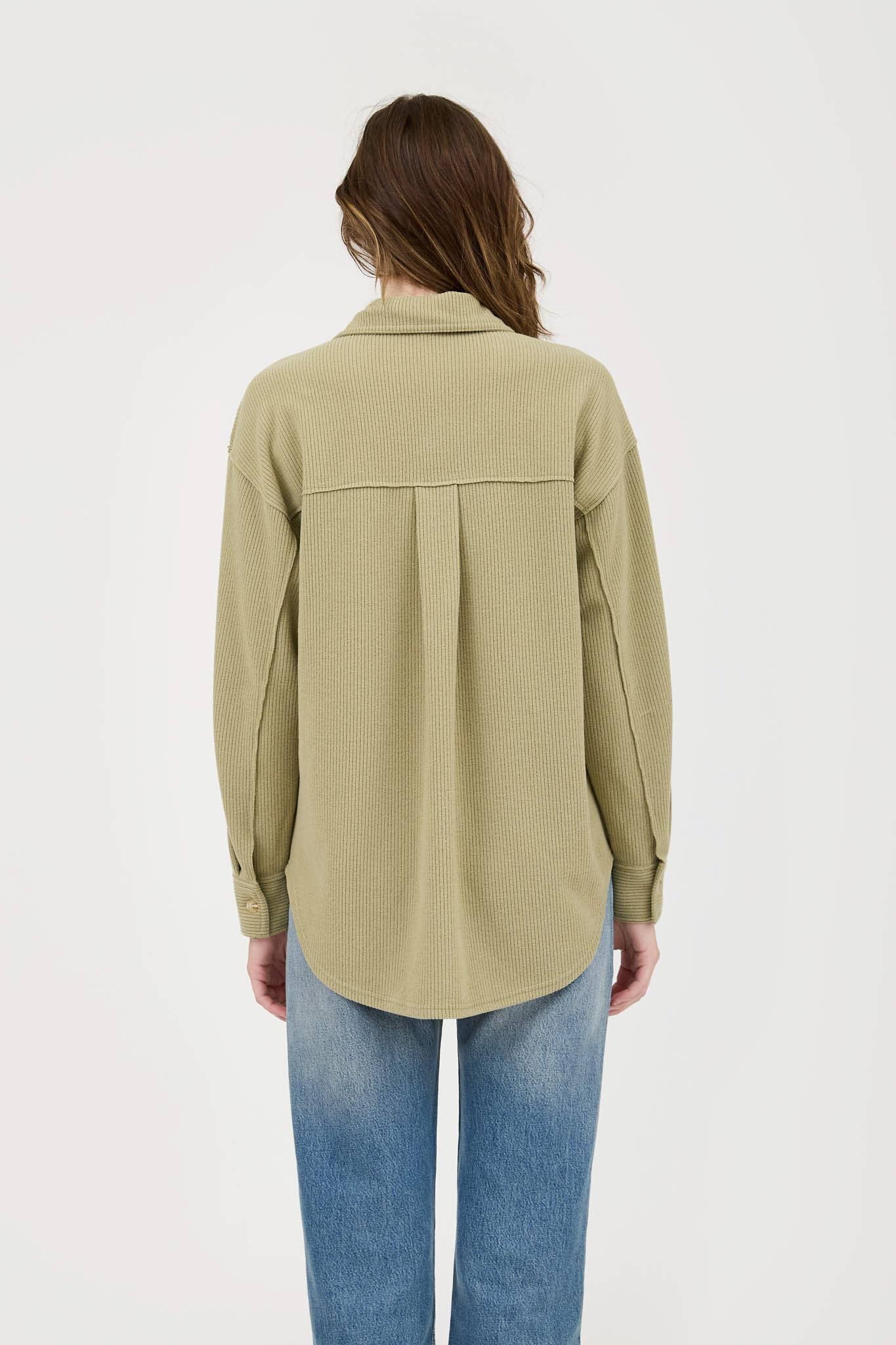 Rib Knit exposed Seam Button Up Top - Light Olive