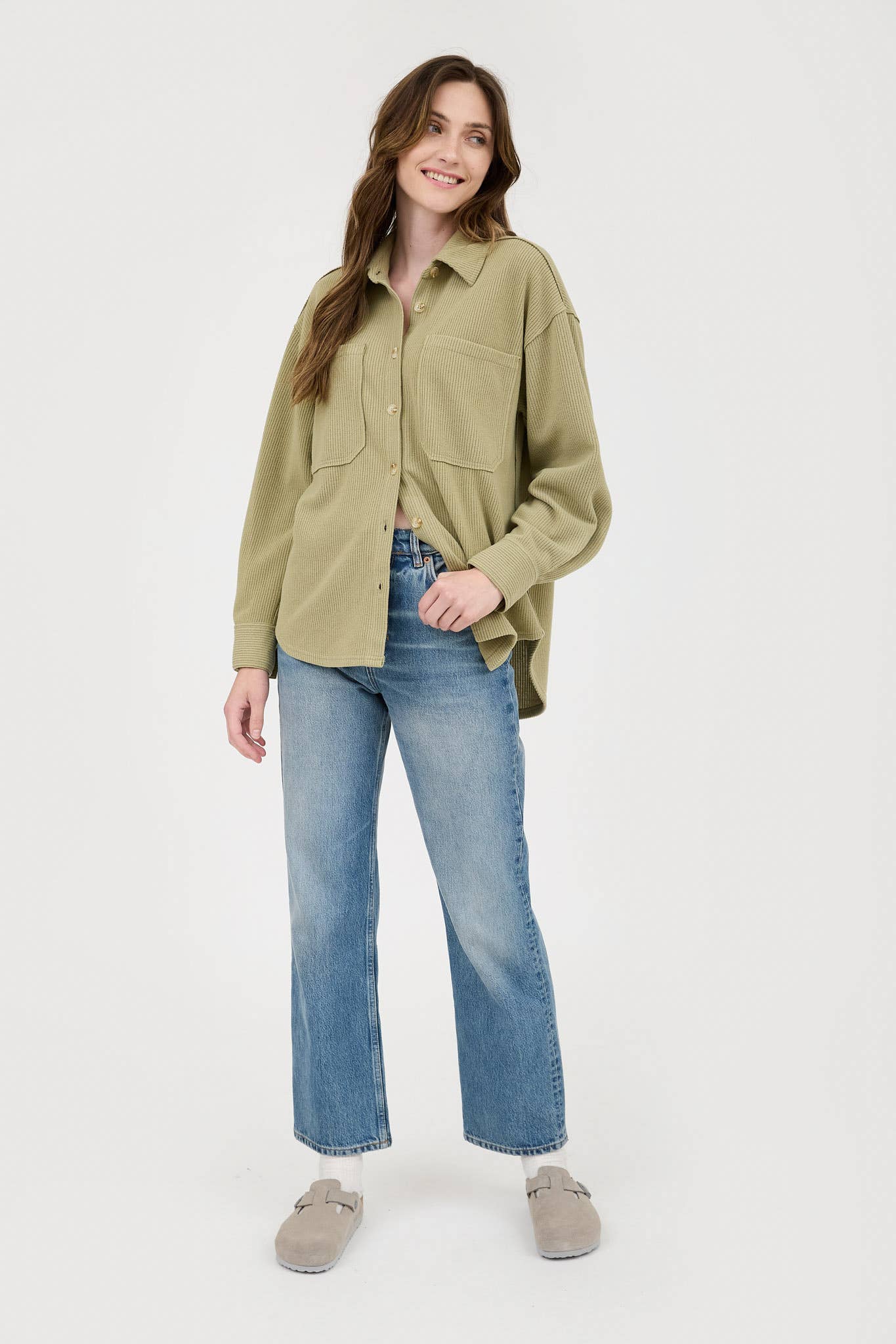 Rib Knit exposed Seam Button Up Top - Light Olive