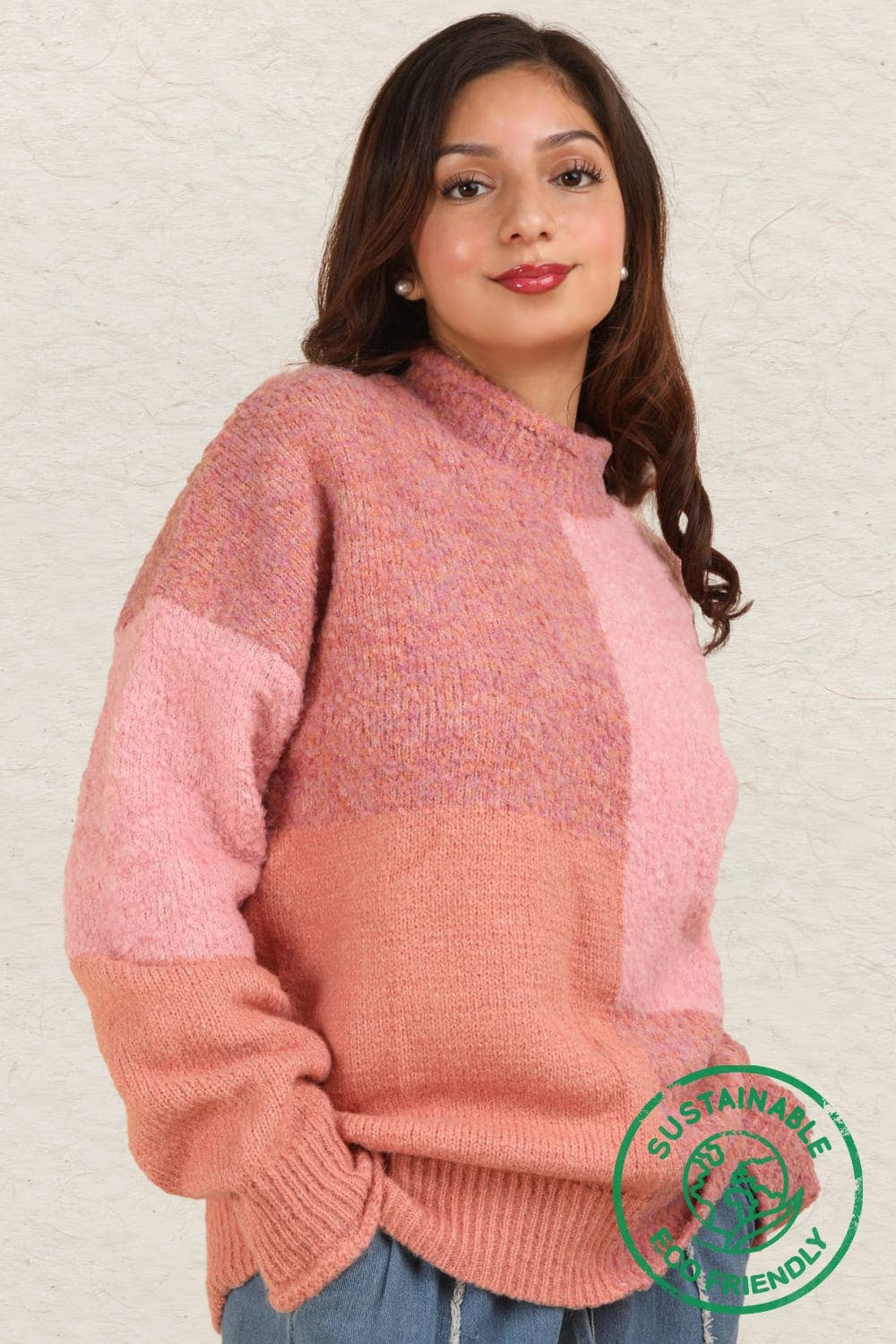 Oversized Color Block Cozy Knit Sweater - Pink