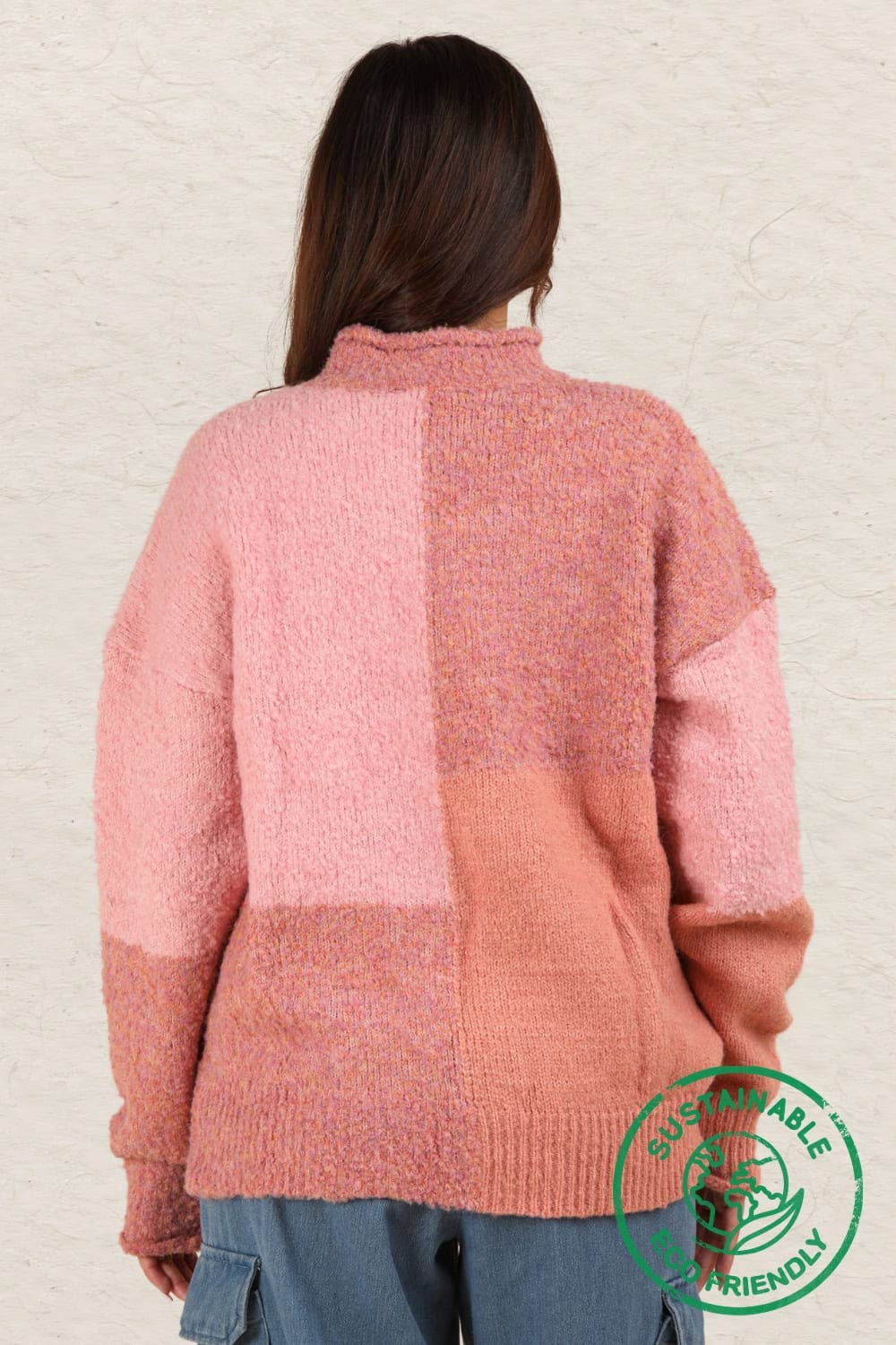 Oversized Color Block Cozy Knit Sweater - Pink