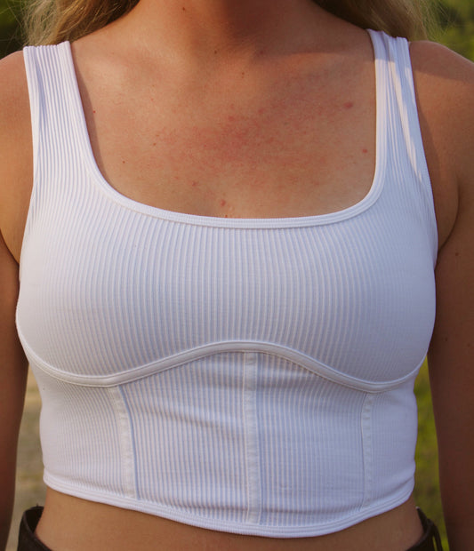 Ribbed Square Neck Corset Top – White